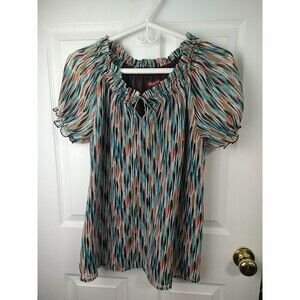 Merona Woman L Blouse V Neck Sheer Tank Lined SS Retro Flowy Business Casual
